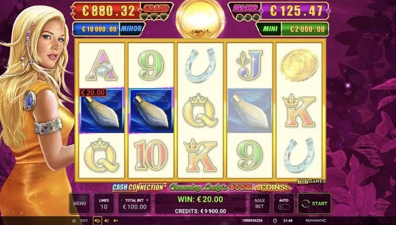 Cash Connection - Charming Lady's Boom Coins - asas skrin dengan kemenangan baris