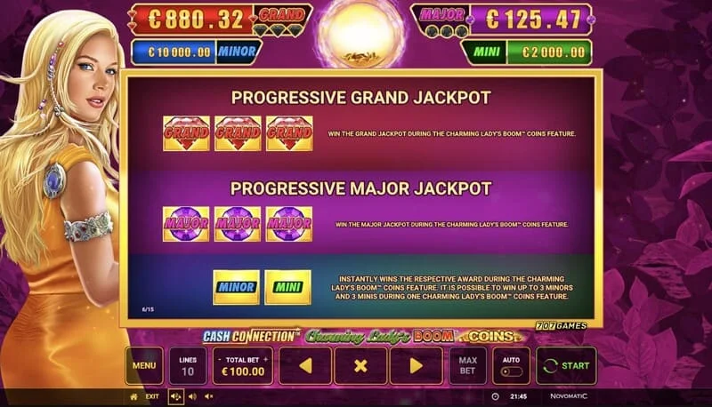Cash Connection - Charming Lady's Boom Coins - jadual Jackpot Mini, Minor, Major dan Grand