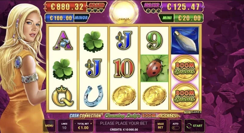 Cash Connection - Charming Lady's Boom Coins - grid 5×3 dengan simbol tuah